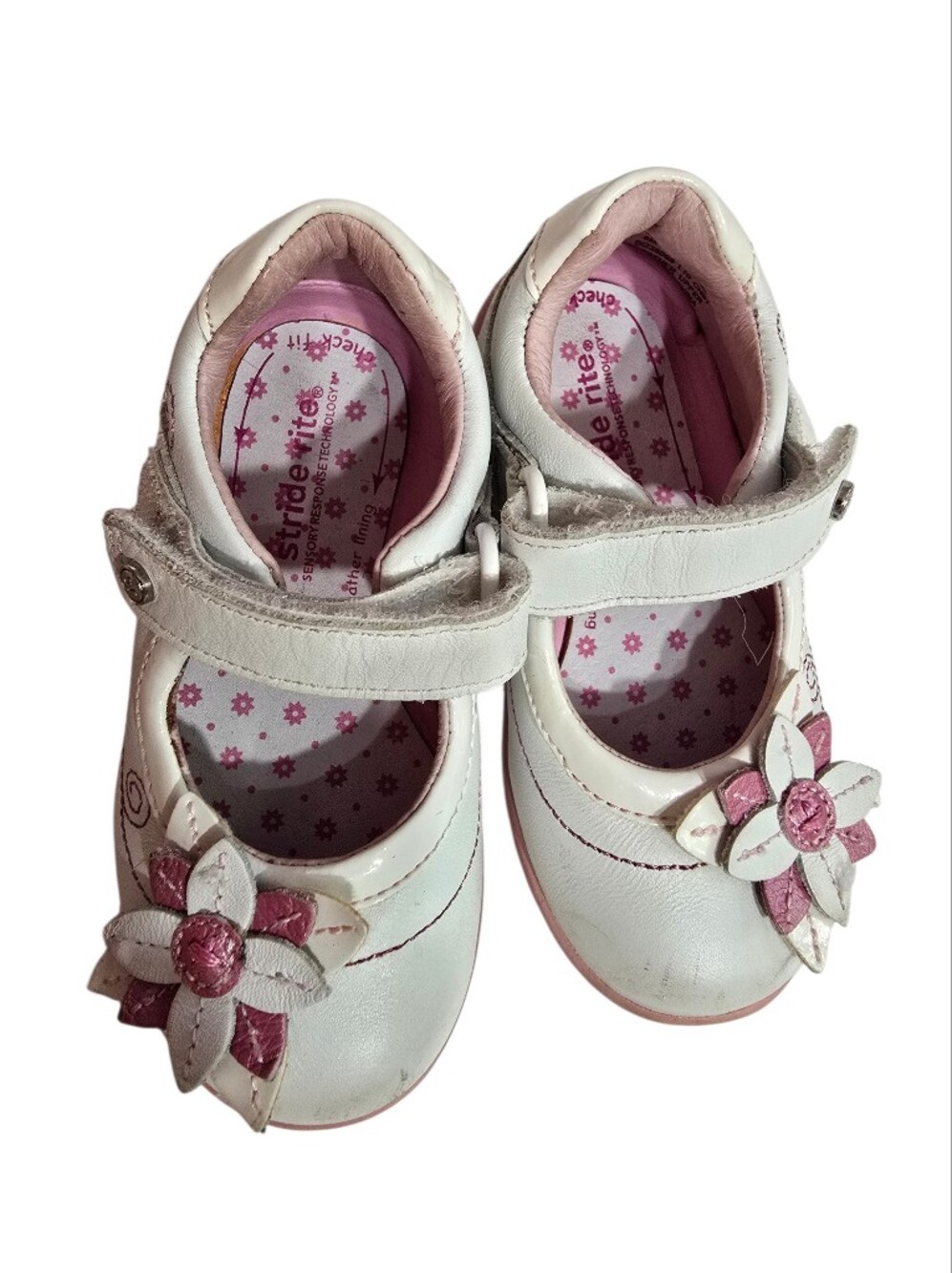Stride Rite White Pink Flower Leather Strap Mary Jane Shoes Toddler Girl 6